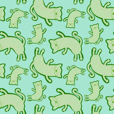 Cadılar Bayramı hayvanları kağıt, kumaş, çarşaf, çocuk giysisi baskısı, şenlik ambalajı ve sonbahar aksesuarları için kusursuz kediler deseni. Yüksek kaliteli illüstrasyon