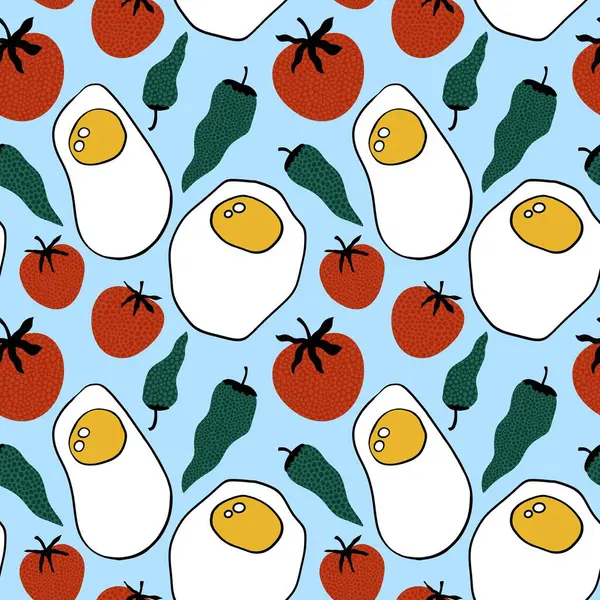Cartoon meal seamless scrambled eggs and tomato and pepper pattern for wrapping paper and fabrics and kitchen textiles and festive packaging and summer accessories. High quality illustration