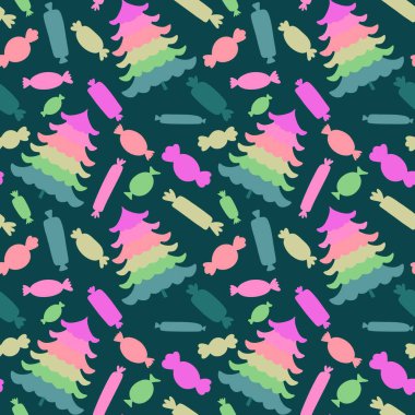 Noel ağacı karikatür desenleri ambalaj kağıdı, kumaş ve çocuk giysileri baskısı ve yeni yıl aksesuarları ve kış ambalajları ve Noel partisi için. Yüksek kaliteli illüstrasyon