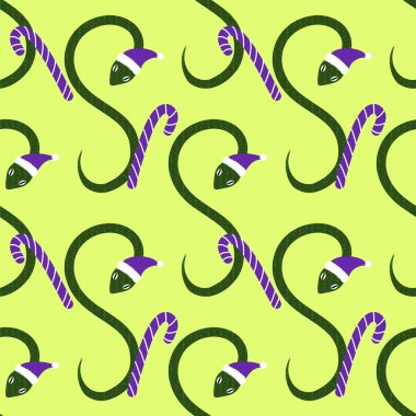 Noel karikatürleri, Noel Baba şapkası desenli kusursuz yılanlar. Yeni yıl kağıtları, kumaşlar, çarşaflar, çocuk giysileri baskıları ve şenlikli ambalajlar için. Yüksek kaliteli illüstrasyon