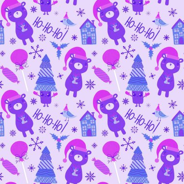 Noel ağacı ve hayvanlar, dikişsiz ayılar, şekerler, ev ve kar taneleri ambalajları, yeni yıl ambalajları, kumaşlar ve Noel aksesuarları. Yüksek kaliteli illüstrasyon