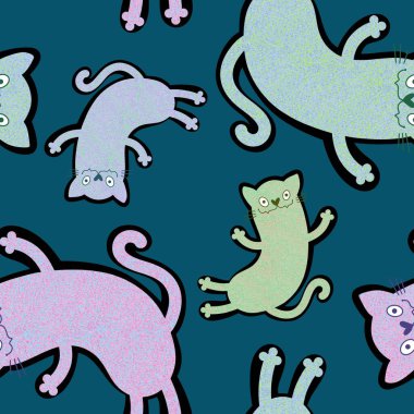 Cadılar Bayramı hayvanları kağıt, kumaş, çarşaf, çocuk giysisi baskısı, şenlik ambalajı ve sonbahar aksesuarları için kusursuz kediler deseni. Yüksek kaliteli illüstrasyon