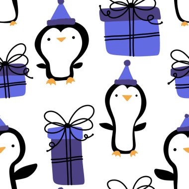 Noel hayvanları kağıt, kumaş, çocuk giysisi baskısı, yeni yıl aksesuarları ve doğum günü hediyeleri için kusursuz penguen desenleri. Yüksek kaliteli illüstrasyon