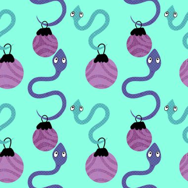 Noel ağacı topları kağıt, kumaş ve yeni 2025 yıllık aksesuarlar ve çocuk kıyafetleri ve şenlik aksesuarları için kusursuz yılan desenleri. Yüksek kaliteli illüstrasyon