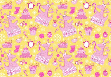 Noel ağacı dikişsiz ejderha, hediye kutusu, toplar ve penguen desenli ambalaj kağıtları, kumaşlar, kış aksesuarları, çocuk baskısı ve Noel paketi ve parti. Yüksek kaliteli illüstrasyon