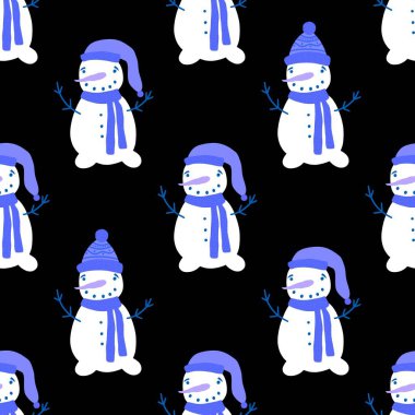 Kumaşlar, tekstil ve ambalajlar, hediyeler, kartlar, çarşaflar ve çocuklar için kusursuz kardan adam deseni.