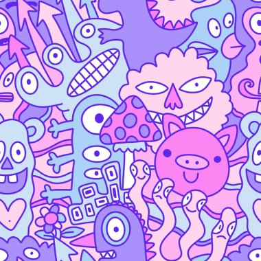 Çizgi film canavarları, ambalaj kağıtları, kumaşlar, çarşaflar, çocuk aksesuarları, moda tekstilleri ve bayram ambalajları için kusursuz bir Cadılar Bayramı deseni. Yüksek kaliteli illüstrasyon