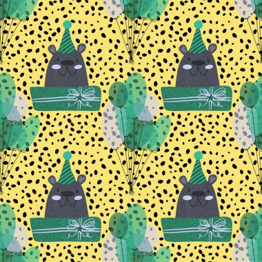 Çizgi filmlerdeki ayılar, hediye kutusu ve doğum günü paketleri için balon desenleri kumaşlar, şenlikli ambalajlar ve kutlama aksesuarları. Yüksek kaliteli illüstrasyon