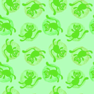 Cadılar Bayramı hayvanları kağıt, kumaş, çarşaf, çocuk giysisi baskısı, şenlik ambalajı ve sonbahar aksesuarları için kusursuz kediler deseni. Yüksek kaliteli illüstrasyon