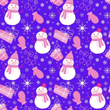 Çizgi filmlerdeki buz adam ve kar tanesi desenleri kağıt, kumaş, çarşaf, Noel ambalajı ve yeni yıl aksesuarları için. Yüksek kaliteli illüstrasyon