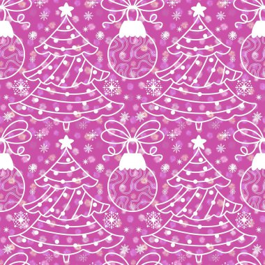 Noel ağacı ve topları, kağıt ve kumaş ambalajları için kusursuz yeni yıl oyuncakları ve çocuk giysileri baskısı, şenlikli aksesuarlar ve kış ambalajları. Yüksek kaliteli illüstrasyon