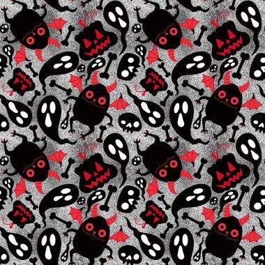 Çizgi film cadılar bayramı canavarları dikişsiz yarasalar, balkabakları hayalet ve kemik desenleri kağıt, kumaş, çarşaf ve sonbahar aksesuarları ve şenlikli ambalajlar için. Yüksek kaliteli illüstrasyon