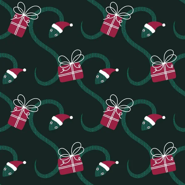 Christmas cartoon animals seamless snake and Santa hat pattern for new year wrapping paper and fabrics and linens and kids clothes print and festive packaging. High quality illustration