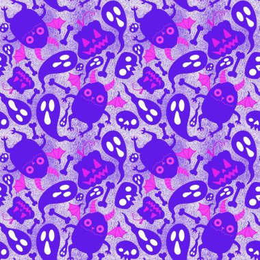 Çizgi film cadılar bayramı canavarları dikişsiz yarasalar, balkabakları hayalet ve kemik desenleri kağıt, kumaş, çarşaf ve sonbahar aksesuarları ve şenlikli ambalajlar için. Yüksek kaliteli illüstrasyon