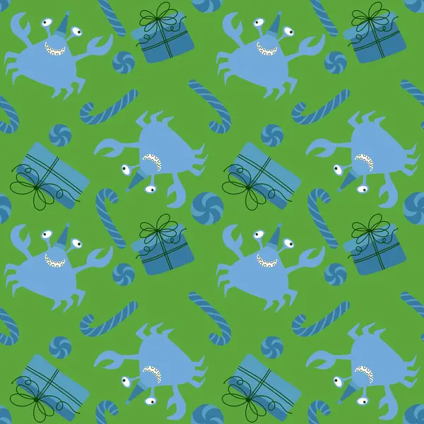 Christmas cartoon animals seamless crabs and candy pattern for wrapping paper and fabrics and kids print and new year on the beach packaging and festive accessories. High quality illustration