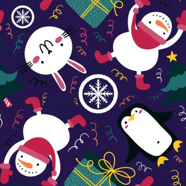 Çizgi filmlerdeki buz adam ve kar tanesi desenleri kağıt, kumaş, çarşaf, Noel ambalajı ve yeni yıl aksesuarları için. Yüksek kaliteli illüstrasyon