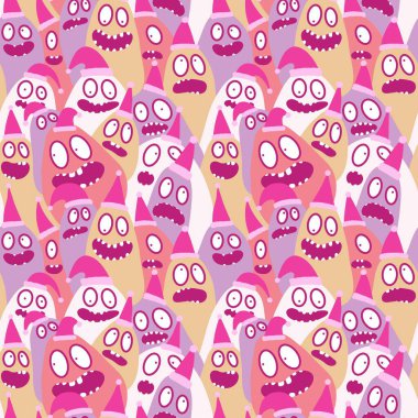 Noel karikatürleri ambalaj kâğıdı, kumaş ve çocuk giysileri baskısı, şenlikli ambalajlar, kış aksesuarları ve yeni yıl tekstili için kusursuz canavar desenleri. Yüksek kaliteli illüstrasyon