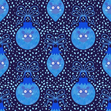 Noel ağacı topları kağıt, kumaş, çarşaf ve yeni yıl ambalajı, çocuk baskısı ve şenlikli aksesuarlar için kusursuz ayı desenleri. Yüksek kaliteli illüstrasyon