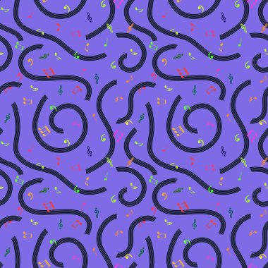 Kağıtlar, kumaşlar, çarşaflar, çocuk giysileri baskıları, şenlikli ambalajlar ve parti aksesuarları için kusursuz notalar. Yüksek kaliteli illüstrasyon