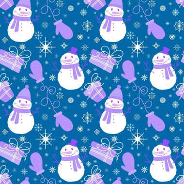 Çizgi filmlerdeki buz adam ve kar tanesi desenleri kağıt, kumaş, çarşaf, Noel ambalajı ve yeni yıl aksesuarları için. Yüksek kaliteli illüstrasyon