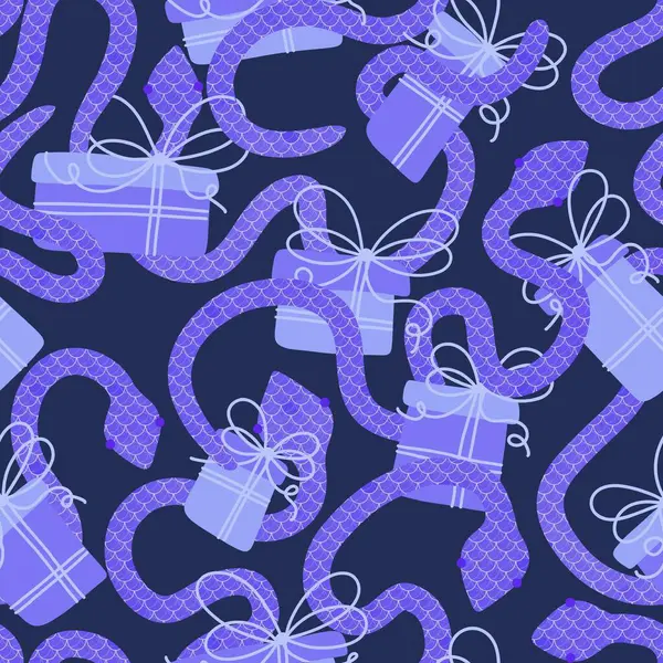 Christmas cartoon animals seamless snake and gift box pattern for new year wrapping paper and fabrics and linens and kids clothes print and festive packaging. High quality illustration