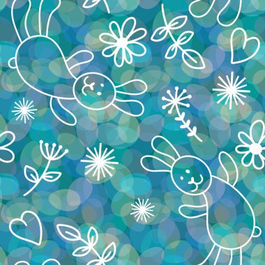 Paskalya yumurtaları, ambalajsız tavşan deseni kumaşlar, çarşaflar, çocuk giysileri baskısı, şenlikli ambalajlar ve bahar aksesuarları için. Yüksek kaliteli illüstrasyon