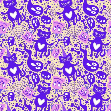 Cadılar Bayramı kedileri, pürüzsüz balkabakları kumaşlar, çarşaflar, çocuk giysileri baskıları, şenlikli aksesuarlar ve sonbahar ambalajları için hayalet desenleri. Yüksek kaliteli illüstrasyon