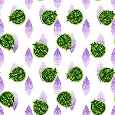 Soyut meyve ve ambalaj kağıdı, kumaş, çarşaf, çocuk giysisi baskısı, mutfak tekstili ve ev aksesuarları için pürüzsüz nar deseni bırakıyor. Yüksek kaliteli illüstrasyon