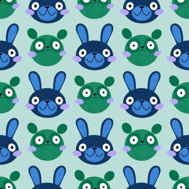 Çizgi film gerici hayvanlar, sarma kağıdı, kumaş, çarşaf, çocuk giysisi baskısı, şenlik ambalajı ve yaz aksesuarları için kusursuz tavşanlar ve ayı desenleri. Yüksek kaliteli illüstrasyon