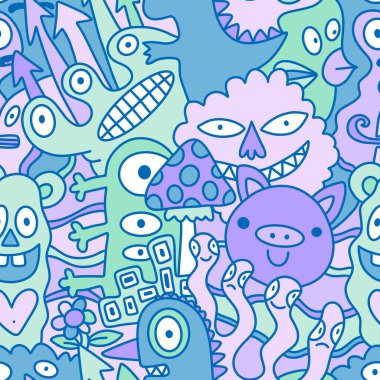 Çizgi film canavarları, ambalaj kağıtları, kumaşlar, çarşaflar, çocuk aksesuarları, moda tekstilleri ve bayram ambalajları için kusursuz bir Cadılar Bayramı deseni. Yüksek kaliteli illüstrasyon