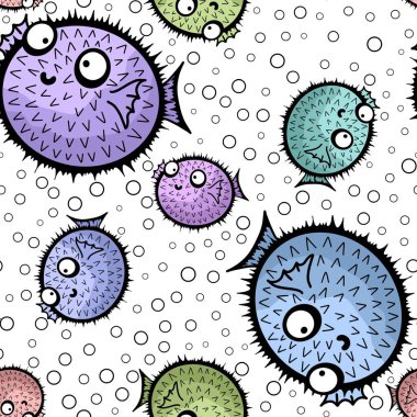 Çizgi filmlerdeki hayvanlar, ambalajsız balon balığı fugu desenli ambalaj kağıtları, kumaşlar, çarşaflar, çocuk giysileri baskıları, şenlikli ambalajlar ve yaz aksesuarları. Yüksek kaliteli illüstrasyon