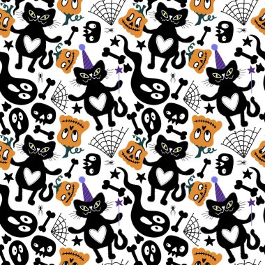 Cadılar Bayramı kedileri, pürüzsüz balkabakları kumaşlar, çarşaflar, çocuk giysileri baskıları, şenlikli aksesuarlar ve sonbahar ambalajları için hayalet desenleri. Yüksek kaliteli illüstrasyon