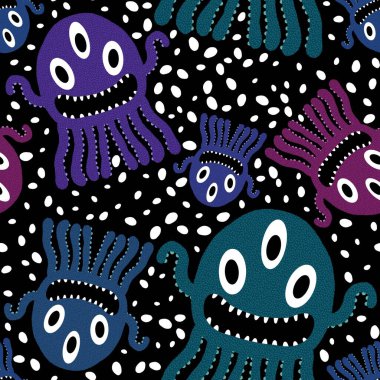 Çizgi film canavarları, ambalajsız ahtapot desenli kağıtlar ve çocuk giysileri baskılar, kumaşlar ve yaz aksesuarları ve festival ambalajları ve okul defterleri. Yüksek kaliteli illüstrasyon
