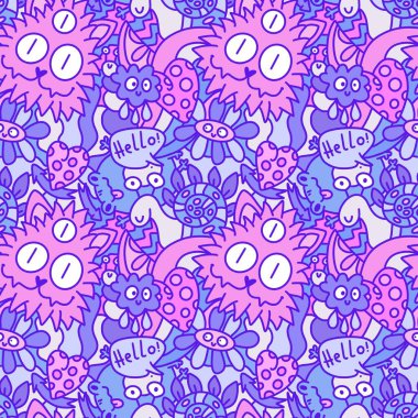 Çizgi filmlerdeki gibi dikişsiz bir canavar, kedi, kurbağa, salyangoz kumaş, çocuk giysisi baskısı, ambalaj kağıdı ve okul aksesuarları. Yüksek kaliteli illüstrasyon