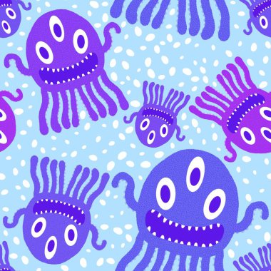 Çizgi film canavarları, ambalajsız ahtapot desenli kağıtlar ve çocuk giysileri baskılar, kumaşlar ve yaz aksesuarları ve festival ambalajları ve okul defterleri. Yüksek kaliteli illüstrasyon