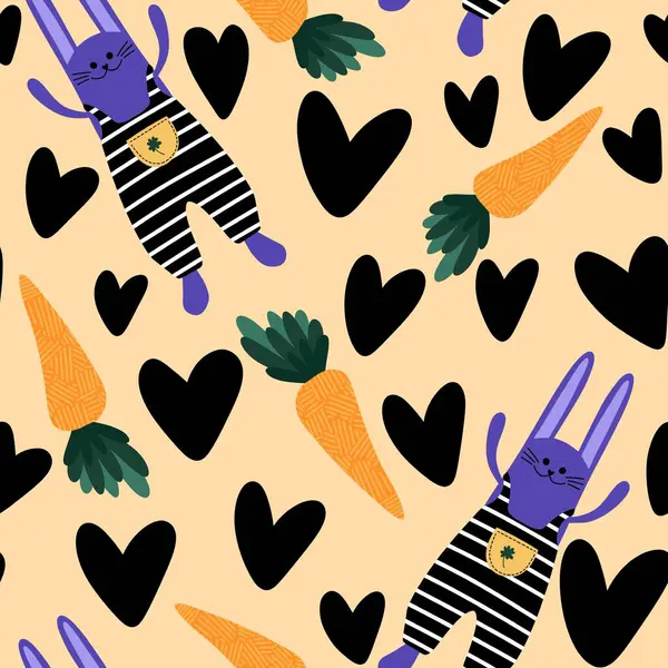 Easter cartoon rabbit seamless carrot pattern for wrapping paper and fabrics and linens and kitchen textiles and festive packaging and spring accessories. High quality illustration