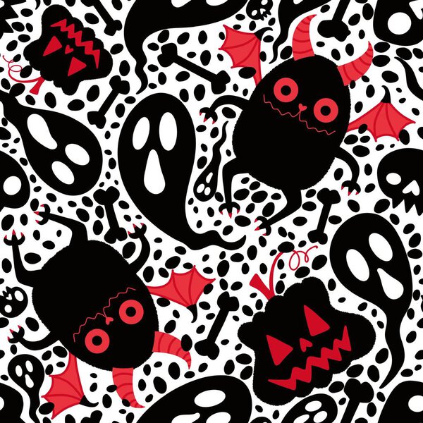 Карикатурные монстры Хэллоуин бесшовные летучие мыши и тыквы и призрак и кости узор для упаковки бумаги и тканей и постельного белья и осенних аксессуаров и праздничной упаковки. Высокое качество иллюстрации