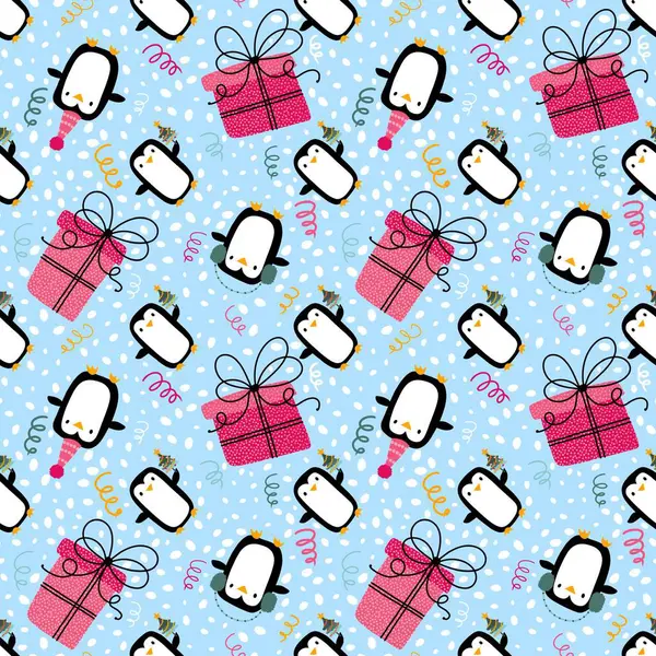 Christmas cartoon animals seamless penguin pattern for wrapping paper and fabrics and festive packaging and kids print and birthday accessories and party clothes. High quality illustration