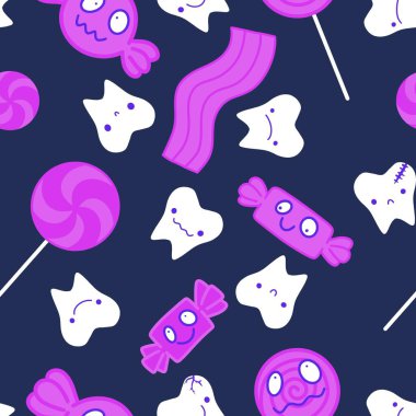 Çizgi filmlerde ambalaj kağıdı, çocuk giysisi baskısı, doktor ambalajları, ilaç aksesuarları ve kumaşlar için kusursuz diş deseni. Yüksek kaliteli illüstrasyon