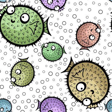 Çizgi filmlerdeki hayvanlar, ambalajsız balon balığı fugu desenli ambalaj kağıtları, kumaşlar, çarşaflar, çocuk giysileri baskıları, şenlikli ambalajlar ve yaz aksesuarları. Yüksek kaliteli illüstrasyon