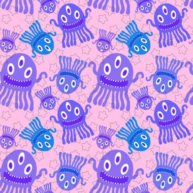 Çizgi film canavarları, ambalajsız ahtapot desenli kağıtlar ve çocuk giysileri baskılar, kumaşlar ve yaz aksesuarları ve festival ambalajları ve okul defterleri. Yüksek kaliteli illüstrasyon