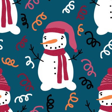 Kumaşlar, tekstil ve ambalajlar, hediyeler, kartlar, çarşaflar ve çocuklar için kusursuz kardan adam deseni.