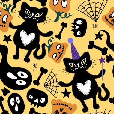 Cadılar Bayramı kedileri, pürüzsüz balkabakları kumaşlar, çarşaflar, çocuk giysileri baskıları, şenlikli aksesuarlar ve sonbahar ambalajları için hayalet desenleri. Yüksek kaliteli illüstrasyon