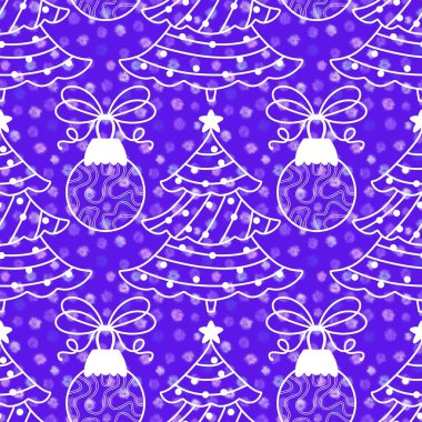 Noel ağacı ve topları, kağıt ve kumaş ambalajları için kusursuz yeni yıl oyuncakları ve çocuk giysileri baskısı, şenlikli aksesuarlar ve kış ambalajları. Yüksek kaliteli illüstrasyon