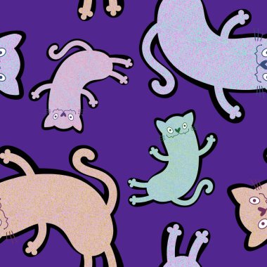 Cadılar Bayramı hayvanları kağıt, kumaş, çarşaf, çocuk giysisi baskısı, şenlik ambalajı ve sonbahar aksesuarları için kusursuz kediler deseni. Yüksek kaliteli illüstrasyon