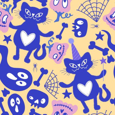 Cadılar Bayramı kedileri, pürüzsüz balkabakları kumaşlar, çarşaflar, çocuk giysileri baskıları, şenlikli aksesuarlar ve sonbahar ambalajları için hayalet desenleri. Yüksek kaliteli illüstrasyon