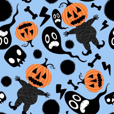 Cadılar Bayramı balkabakları kusursuz hasat canavarları desenli ambalaj kağıtları, kumaşlar, çarşaflar çocuk giysileri baskıları, şenlik aksesuarları ve sonbahar ambalajları. Yüksek kaliteli illüstrasyon