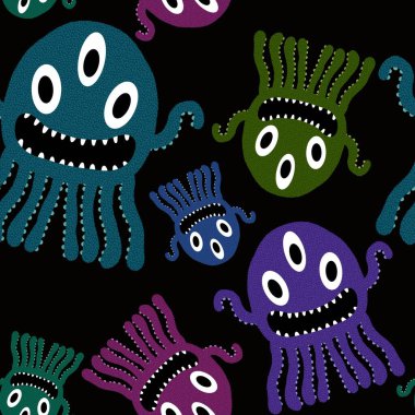 Çizgi film canavarları, ambalajsız ahtapot desenli kağıtlar ve çocuk giysileri baskılar, kumaşlar ve yaz aksesuarları ve festival ambalajları ve okul defterleri. Yüksek kaliteli illüstrasyon