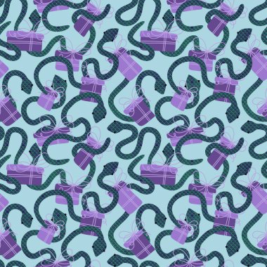 Yılbaşı çizgi filmlerinde kusursuz yılanlar ve hediye kutusu desenleri. Yeni yıl için ambalaj kağıtları, kumaşlar, çarşaflar ve çocuk giysileri baskısı ve şenlikli ambalajlar. Yüksek kaliteli illüstrasyon