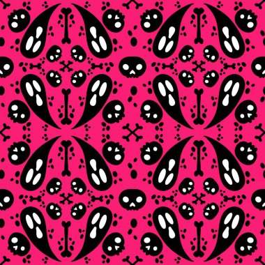 Cadılar Bayramı çizgi filmlerinde kağıt, kumaş, çocuk aksesuarları, moda tekstil ürünleri, şenlik ambalajları ve sonbahar çarşafları için kusursuz hayaletler, kemikler ve kafatası desenleri var. Yüksek kalite fotoğraf 